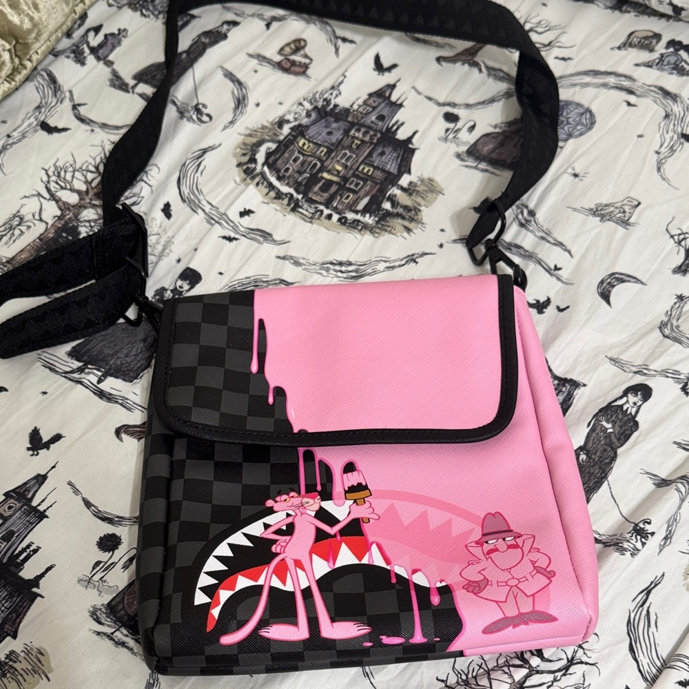 Sprayground Pink and Black Cartoon Crossbody Bag